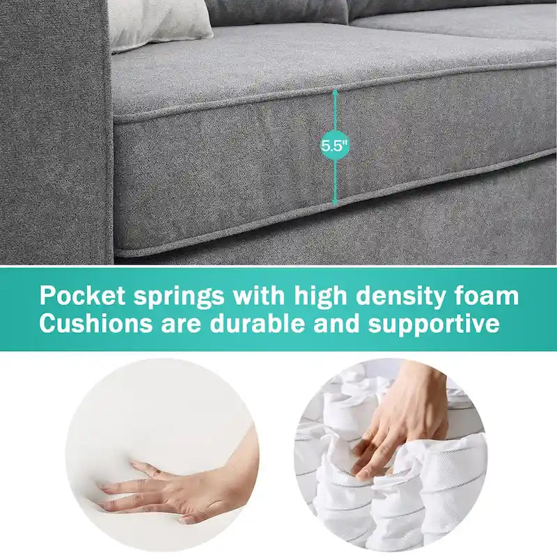 Sofá seccional gris en forma de L, 5 asientos, 3 piezas con almohadas