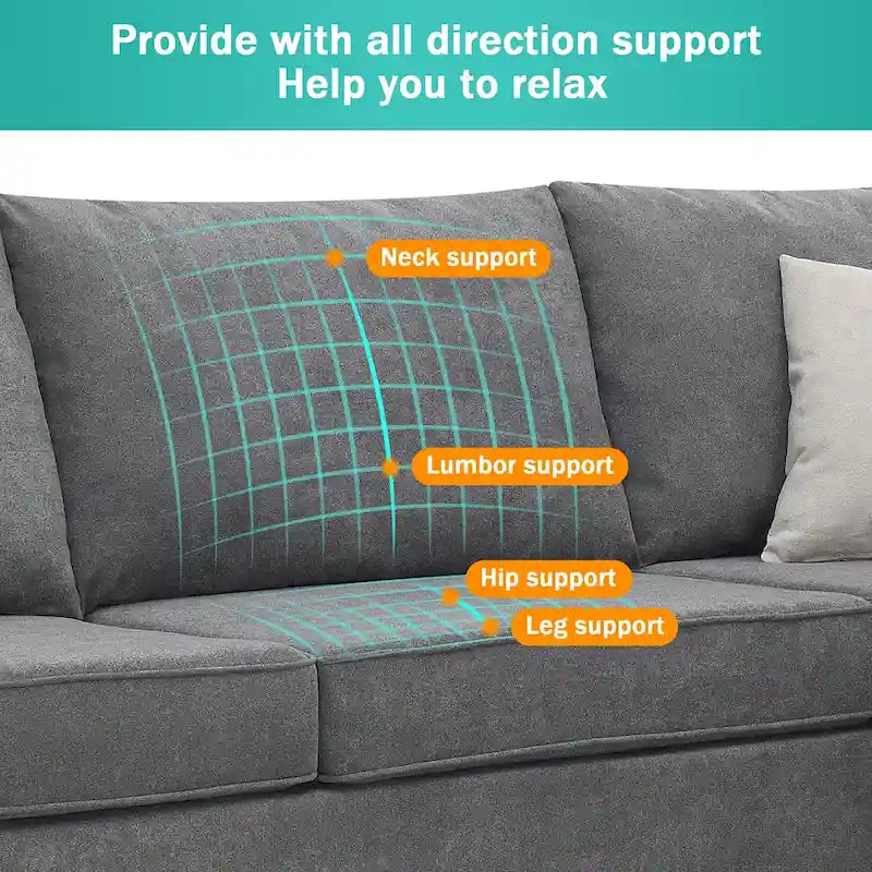 Sofá seccional gris en forma de L, 5 asientos, 3 piezas con almohadas
