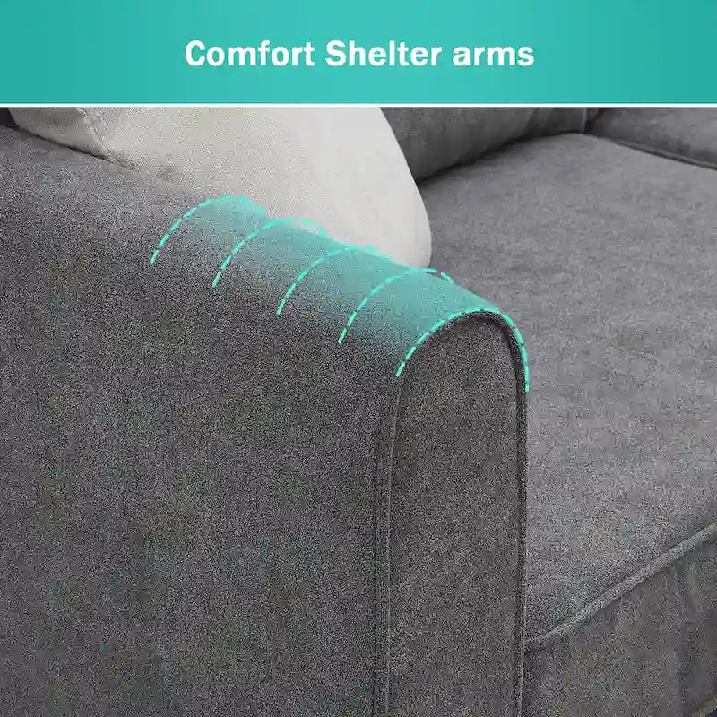 Sofá seccional gris en forma de L, 5 asientos, 3 piezas con almohadas