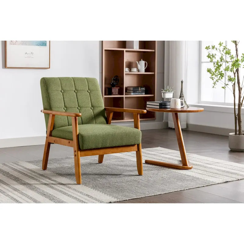 Sillón tapizado en verde / rojo / café / beige / gris claro – Asiento individual, patas de madera maciza