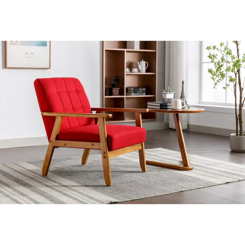 Sillón tapizado en verde / rojo / café / beige / gris claro – Asiento individual, patas de madera maciza