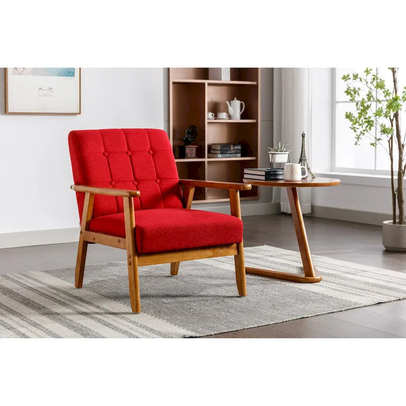 Sillón tapizado en verde / rojo / café / beige / gris claro – Asiento individual, patas de madera maciza