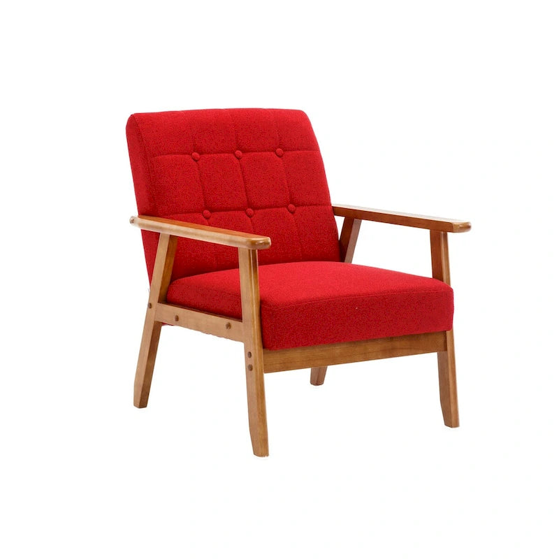 Sillón tapizado en verde / rojo / café / beige / gris claro – Asiento individual, patas de madera maciza