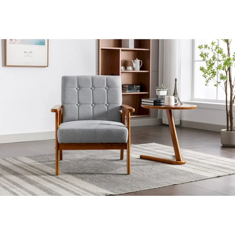 Sillón tapizado en verde / rojo / café / beige / gris claro – Asiento individual, patas de madera maciza