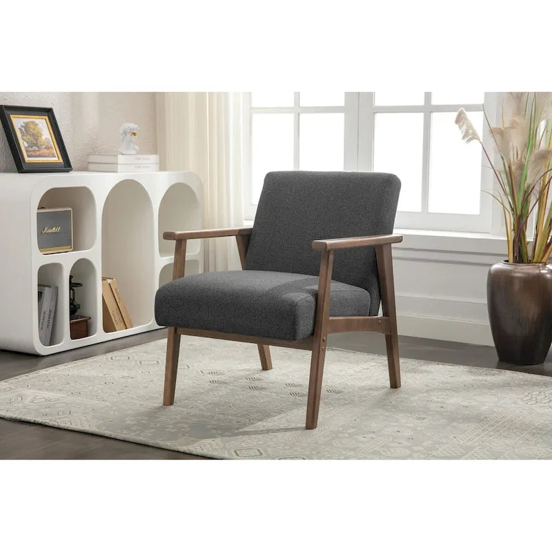 Sillón decorativo de tela gris oscuro/beige/gris con patas de madera de caucho – Asiento individual