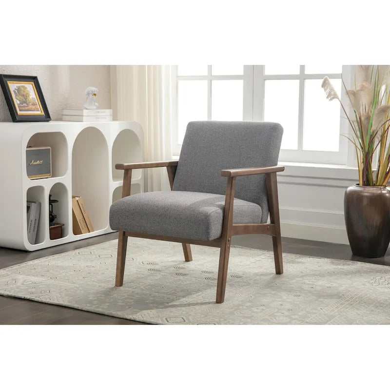 Sillón decorativo de tela gris oscuro/beige/gris con patas de madera de caucho – Asiento individual