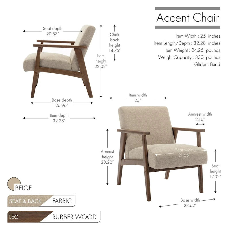 Sillón decorativo de tela gris oscuro/beige/gris con patas de madera de caucho – Asiento individual