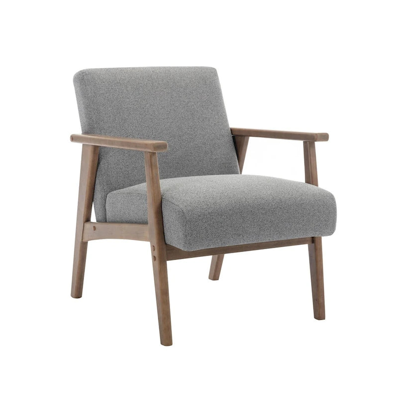 Sillón decorativo de tela gris oscuro/beige/gris con patas de madera de caucho – Asiento individual