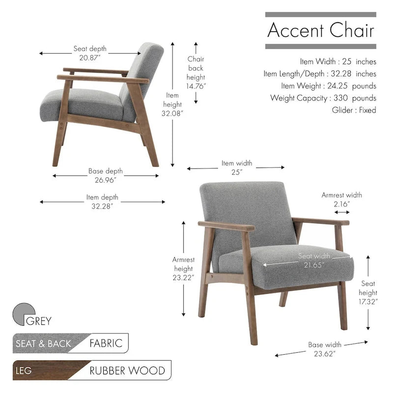 Sillón decorativo de tela gris oscuro/beige/gris con patas de madera de caucho – Asiento individual