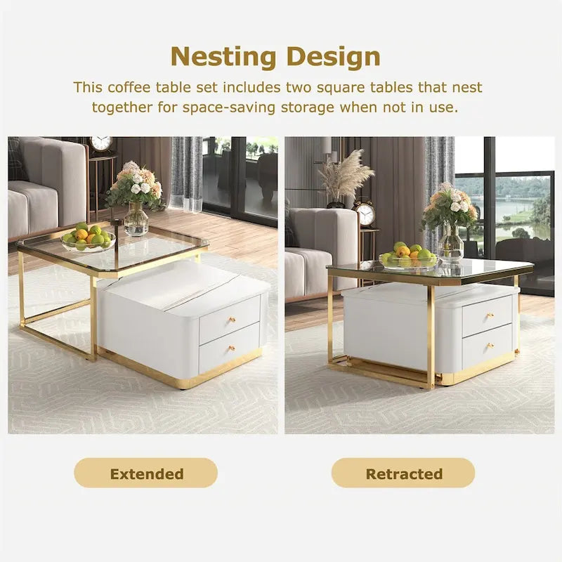 Juego de mesas de centro nido de 2 piezas Golden Black / Golden White con cajones