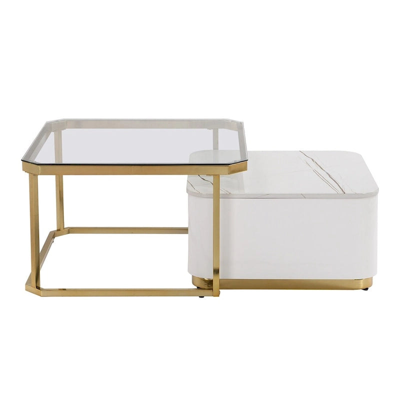 Juego de mesas de centro nido de 2 piezas Golden Black / Golden White con cajones