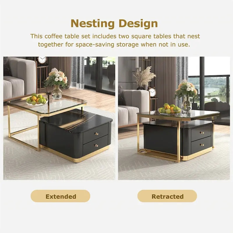 Juego de mesas de centro nido de 2 piezas Golden Black / Golden White con cajones