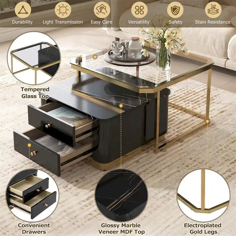 Juego de mesas de centro nido de 2 piezas Golden Black / Golden White con cajones