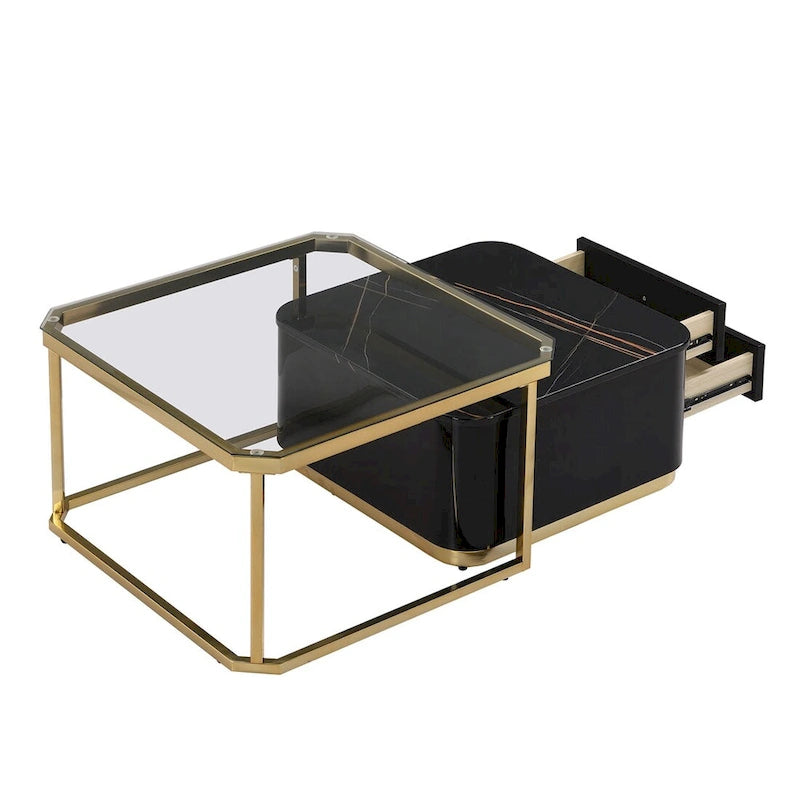 Juego de mesas de centro nido de 2 piezas Golden Black / Golden White con cajones