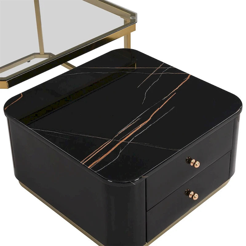 Juego de mesas de centro nido de 2 piezas Golden Black / Golden White con cajones