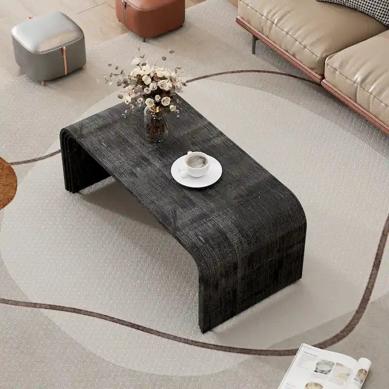 Mesa de centro Art Déco curva de madera natural lavada / negra antigua, 1 persona