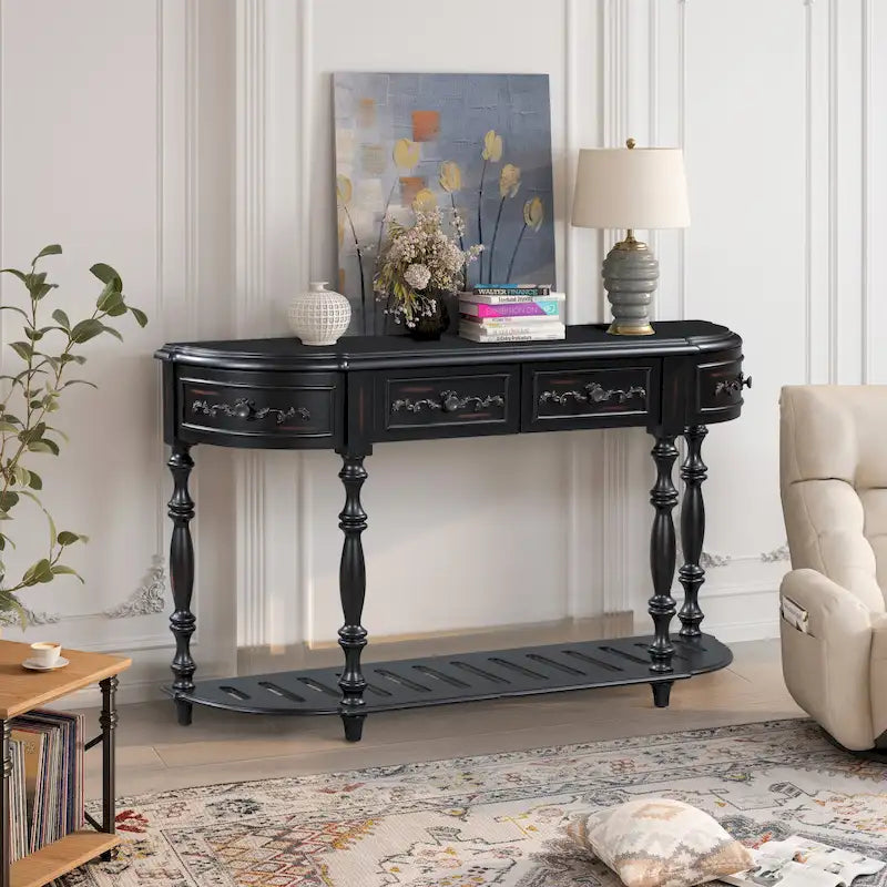 Mesa de consola minimalista azul/negro/blanco/gris, 4 cajones y 1 estante