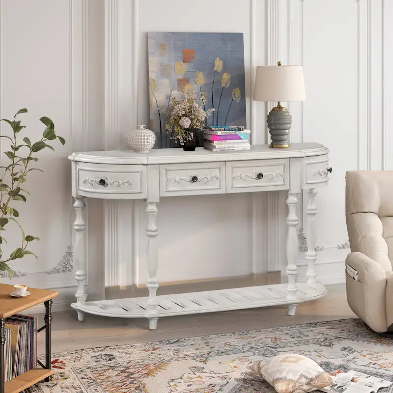 Mesa de consola minimalista azul/negro/blanco/gris, 4 cajones y 1 estante