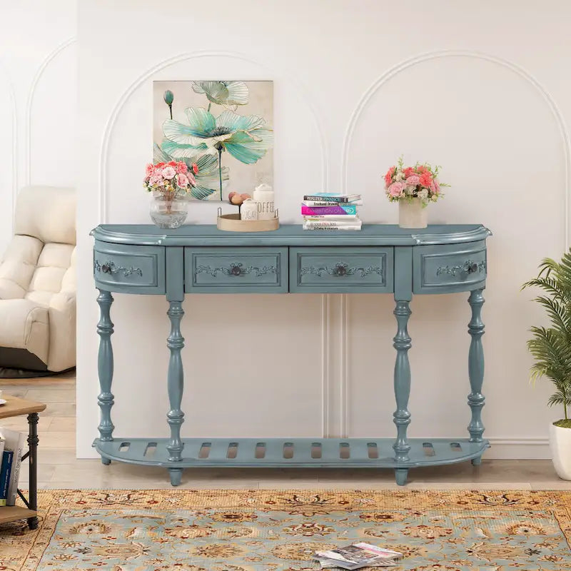 Mesa de consola minimalista azul/negro/blanco/gris, 4 cajones y 1 estante