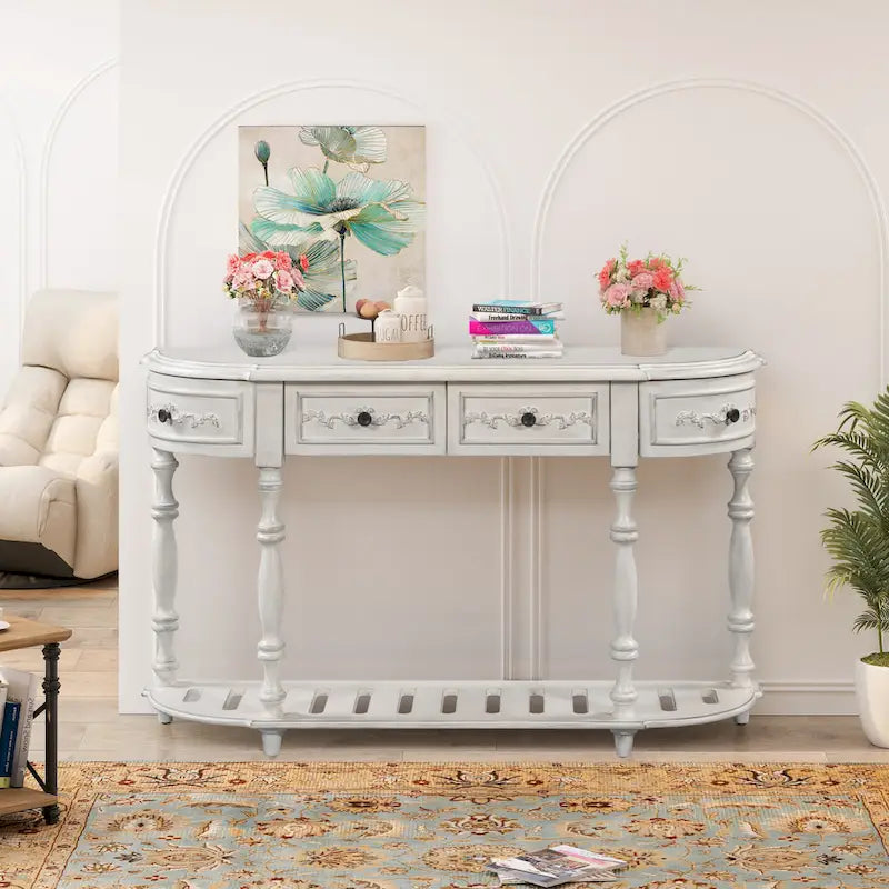 Mesa de consola minimalista azul/negro/blanco/gris, 4 cajones y 1 estante