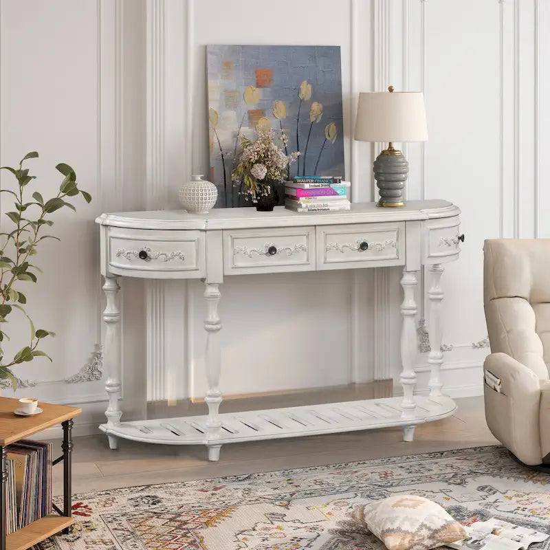 Mesa de consola minimalista azul/negro/blanco/gris, 4 cajones y 1 estante