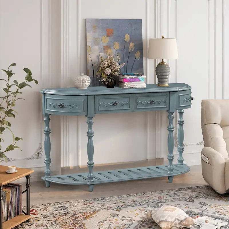 Mesa de consola minimalista azul/negro/blanco/gris, 4 cajones y 1 estante