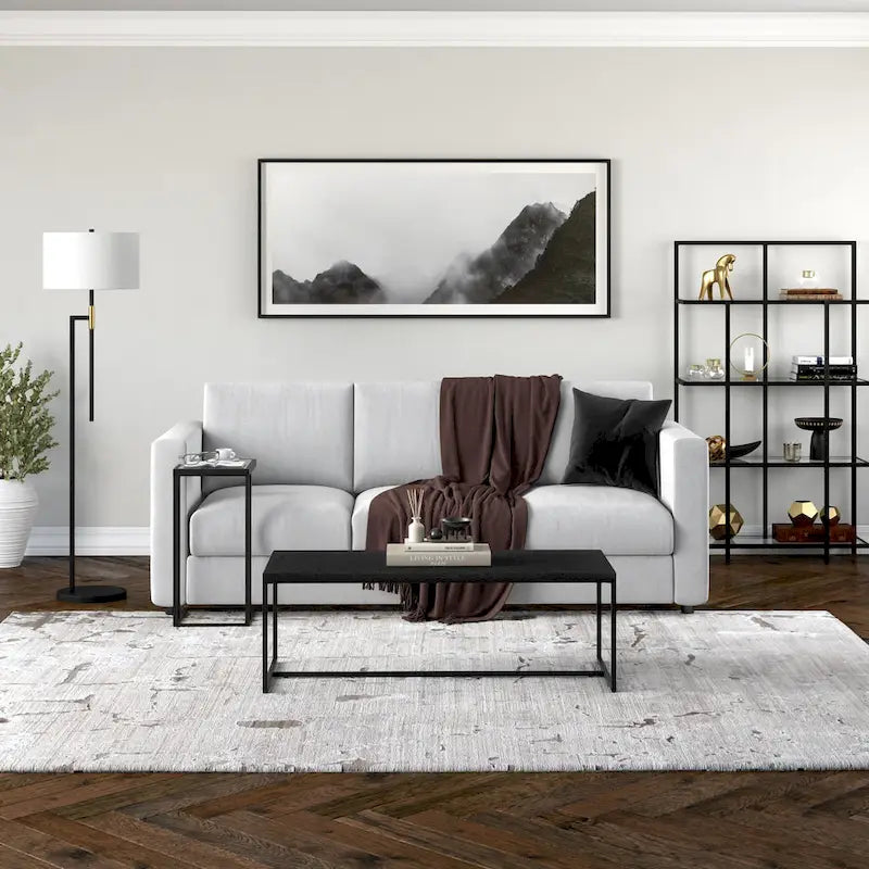 Mesa de centro rectangular de 47" – Veta negra / Roble gris envejecido / Blanco aliso | Acero y MDF modernos