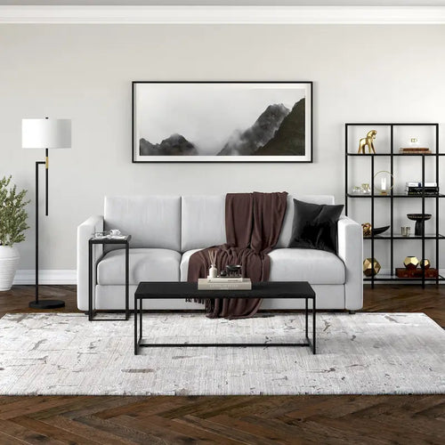 Mesa de centro rectangular de 47" – Veta negra / Roble gris envejecido / Blanco aliso | Acero y MDF modernos