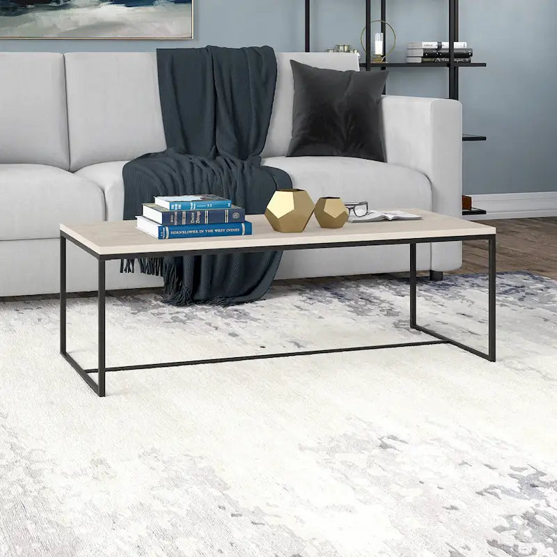 Mesa de centro rectangular de 47" – Veta negra / Roble gris envejecido / Blanco aliso | Acero y MDF modernos