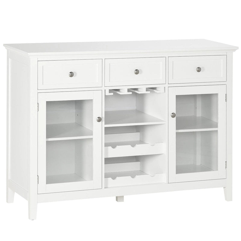 Mueble bar blanco con 3 cajones, puertas de cristal y botellero, 1 persona
