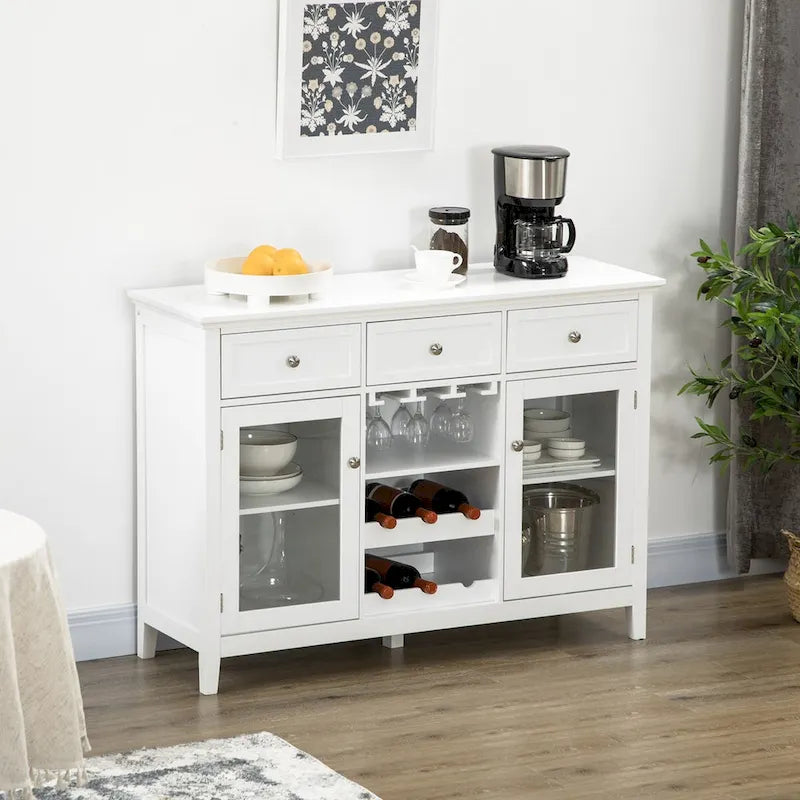 Mueble bar blanco con 3 cajones, puertas de cristal y botellero, 1 persona