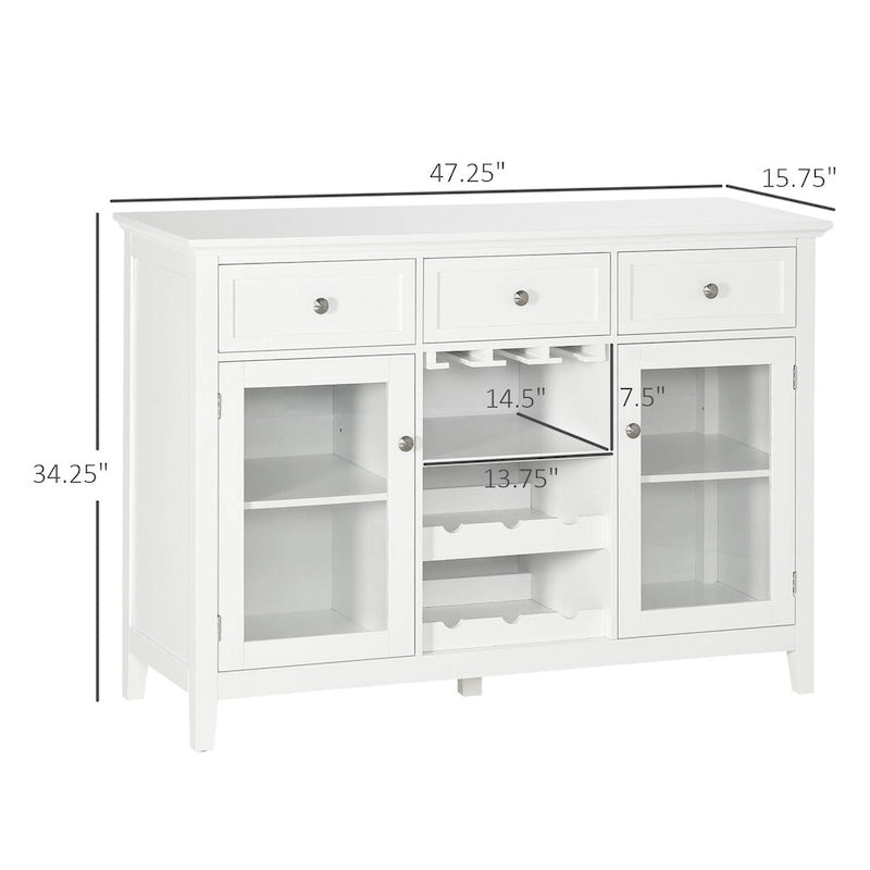 Mueble bar blanco con 3 cajones, puertas de cristal y botellero, 1 persona