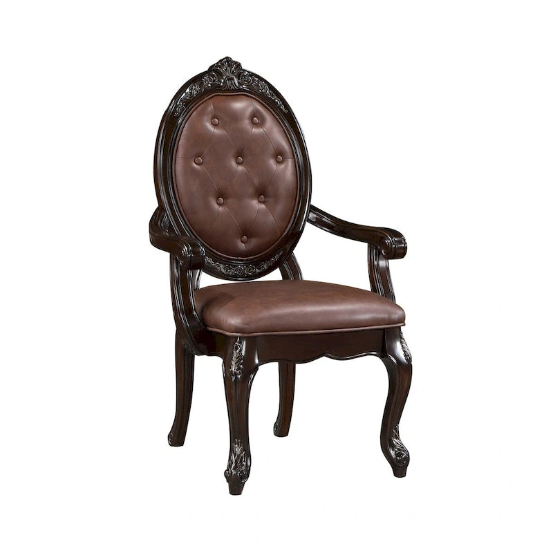 Sillón de comedor marrón con detalles tallados, asiento de piel sintética – Capacidad para 1