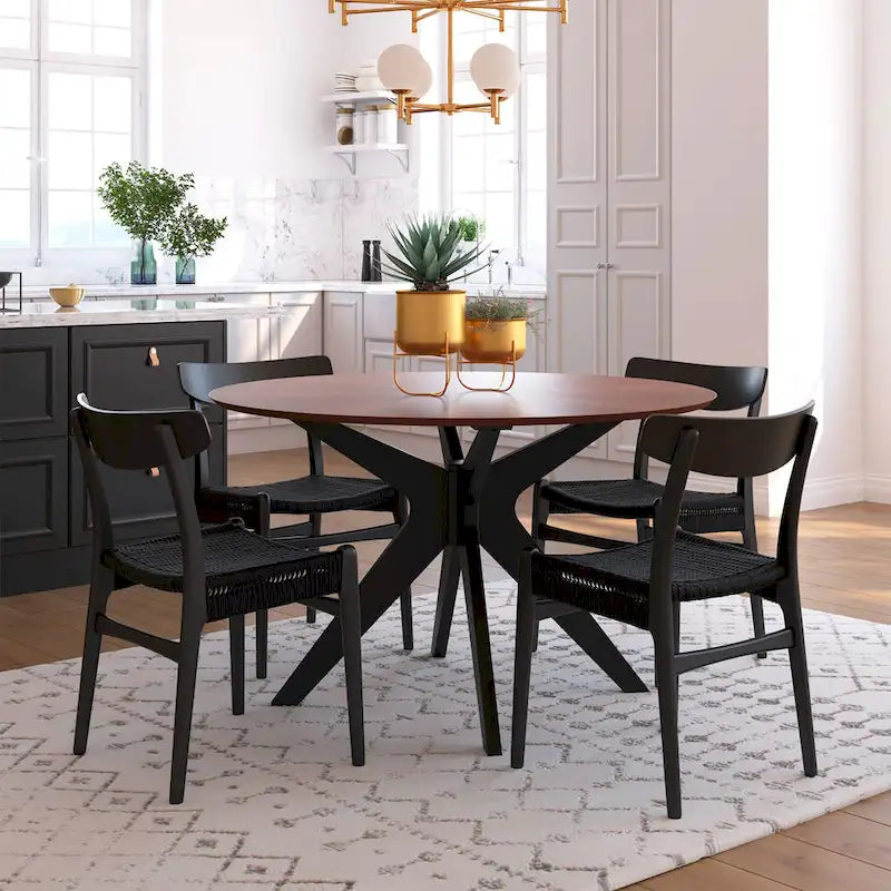 Mesa de comedor redonda de nogal / carbón / roble / tan / negro – 4 asientos