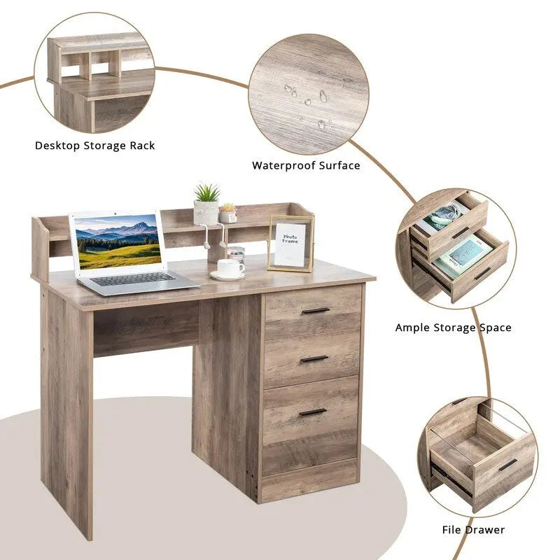 Escritorio de madera para computadora de 3 cajones con alacena – Un usuario