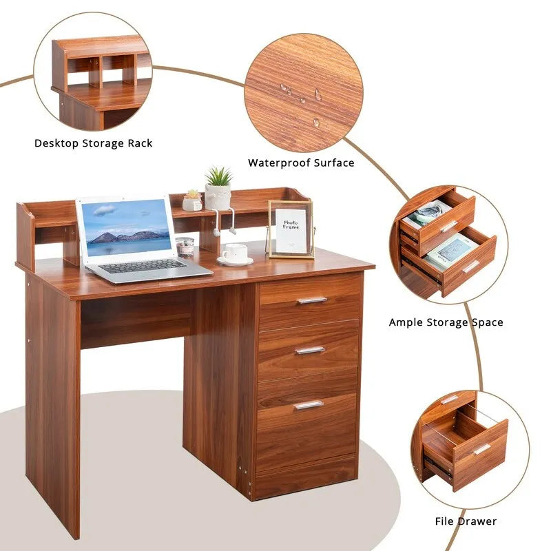 Escritorio de madera para computadora de 3 cajones con alacena – Un usuario