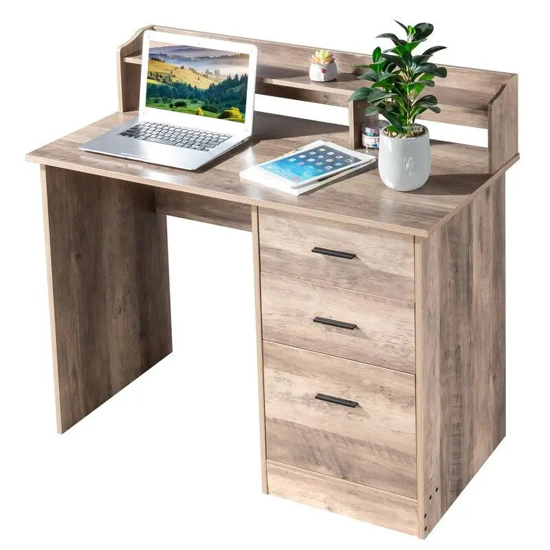 Escritorio de madera para computadora de 3 cajones con alacena – Un usuario