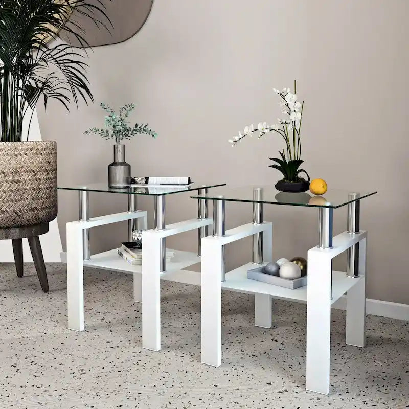 Mesa auxiliar cuadrada de cristal templado en negro/blanco/transparente, juego de 2