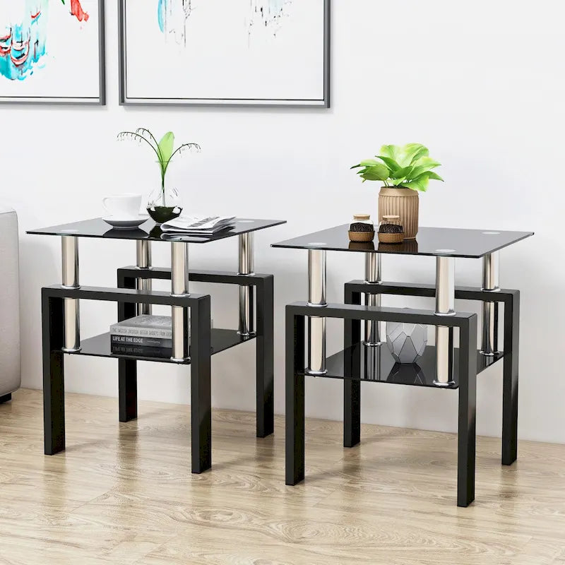 Mesa auxiliar cuadrada de cristal templado en negro/blanco/transparente, juego de 2