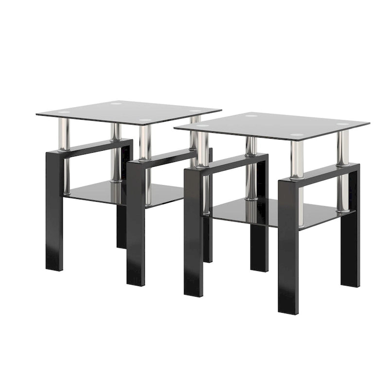 Mesa auxiliar cuadrada de cristal templado en negro/blanco/transparente, juego de 2