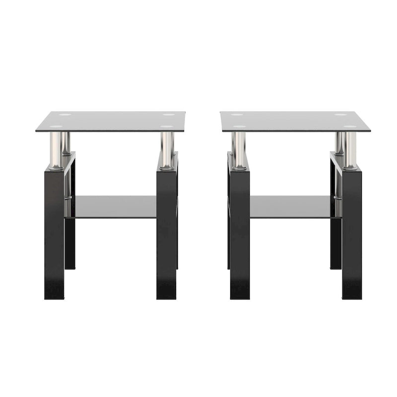 Mesa auxiliar cuadrada de cristal templado en negro/blanco/transparente, juego de 2