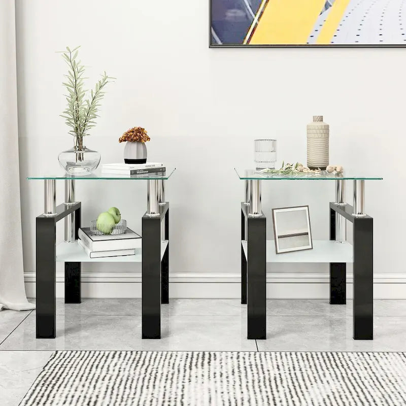 Mesa auxiliar cuadrada de cristal templado en negro/blanco/transparente, juego de 2