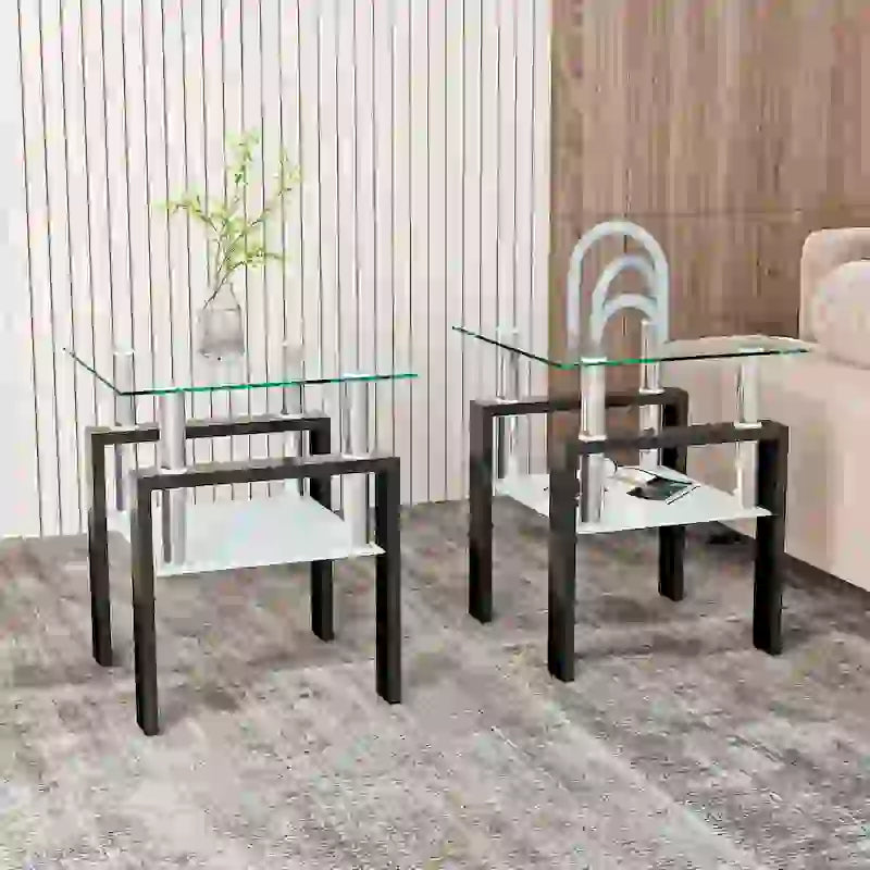 Mesa auxiliar cuadrada de cristal templado en negro/blanco/transparente, juego de 2