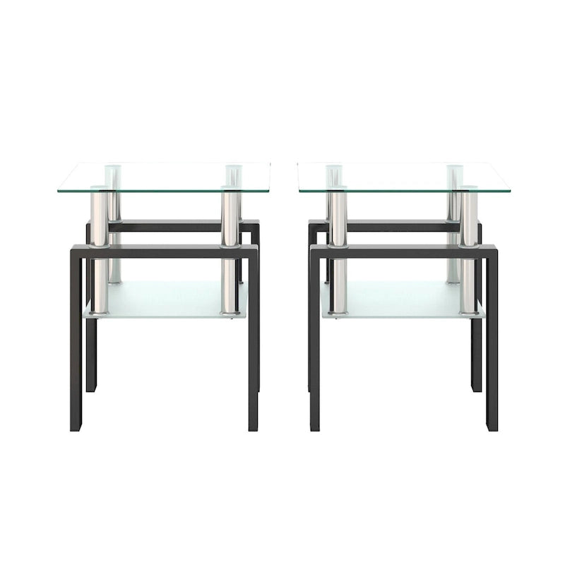 Mesa auxiliar cuadrada de cristal templado en negro/blanco/transparente, juego de 2