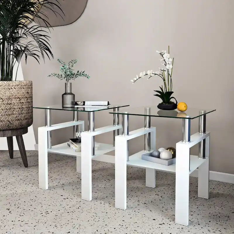 Mesa auxiliar cuadrada de cristal templado en negro/blanco/transparente, juego de 2