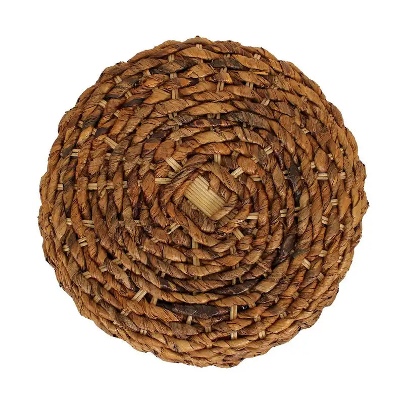 Mesa auxiliar de tambor de abacá tejido marrón, tapa de acacia, 1 persona, 48x48x48 cm