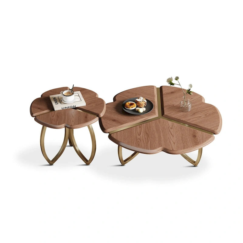 Juego de mesa de centro redonda anidable de chapa de nogal y acero inoxidable, 2 piezas