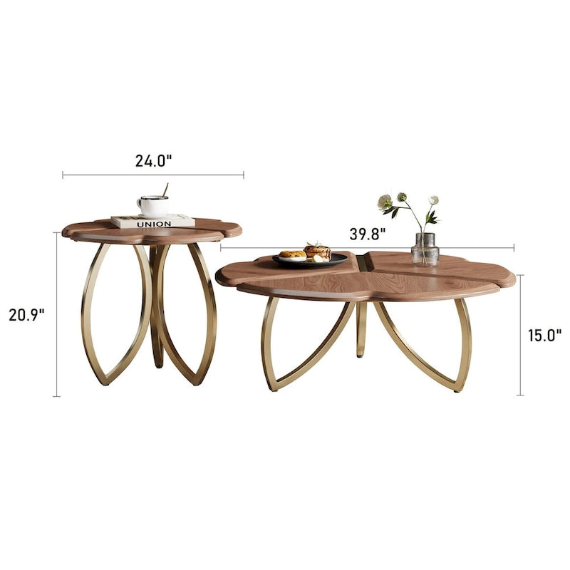 Juego de mesa de centro redonda anidable de chapa de nogal y acero inoxidable, 2 piezas