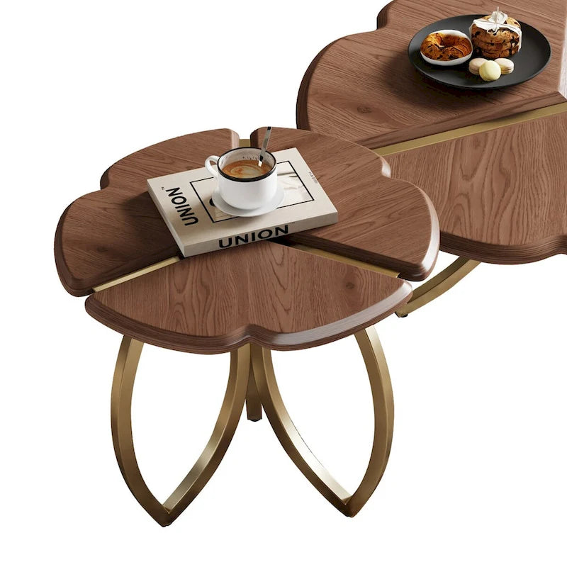 Juego de mesa de centro redonda anidable de chapa de nogal y acero inoxidable, 2 piezas