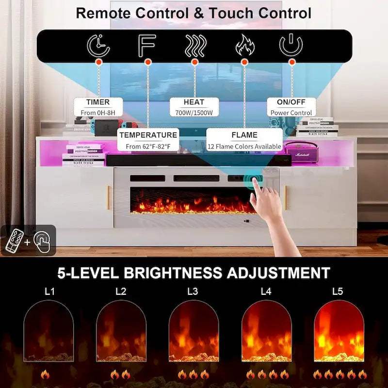 Mueble de TV blanco de 70" con chimenea eléctrica de 36", se adapta a televisores de hasta 80", 1-2 personas